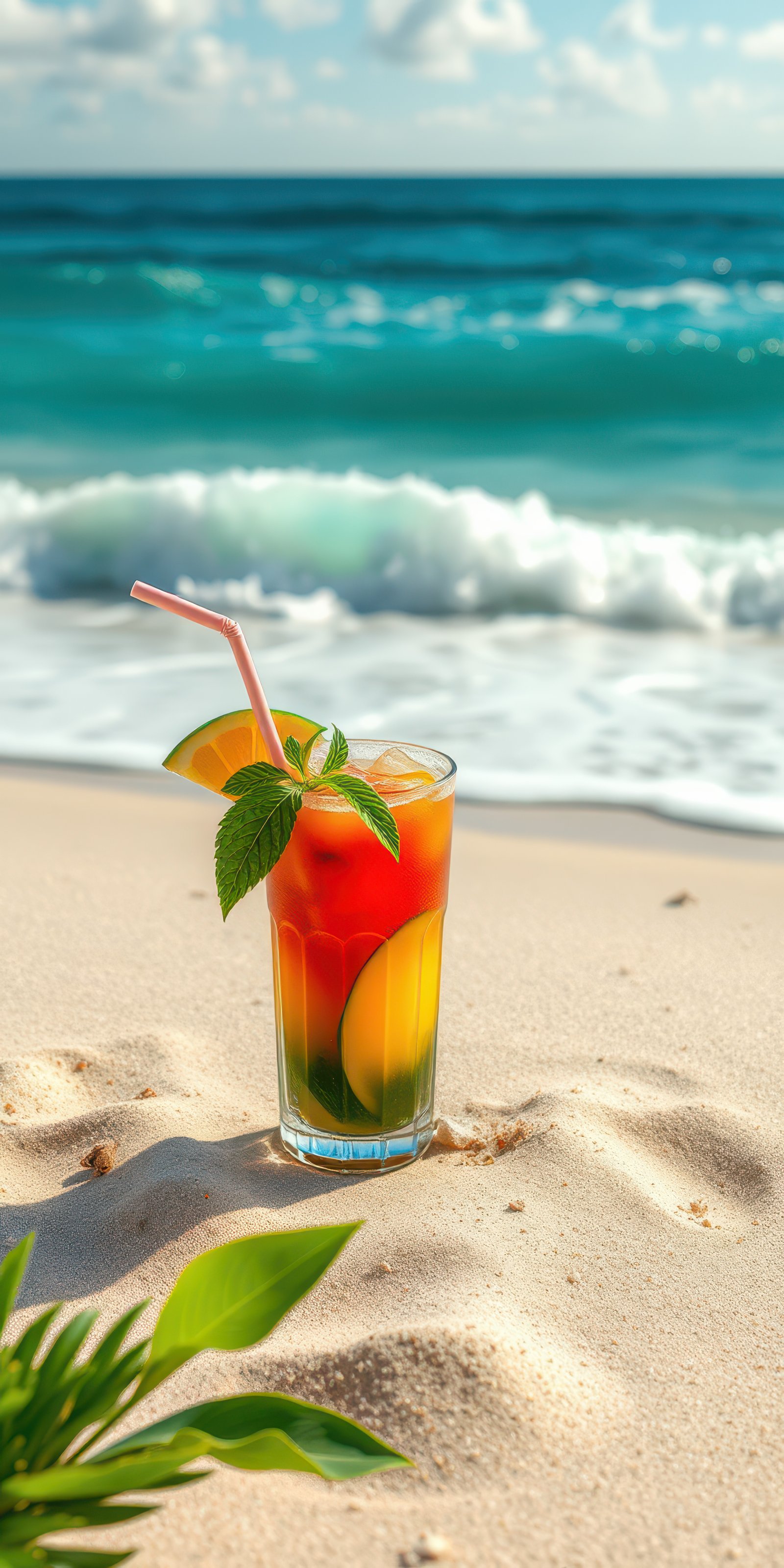 Refreshing cocktail sits on sandy beach under bright sun with turquoise waves in background